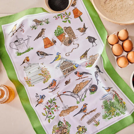 Garden Birds Cotton Tea Towel in Green