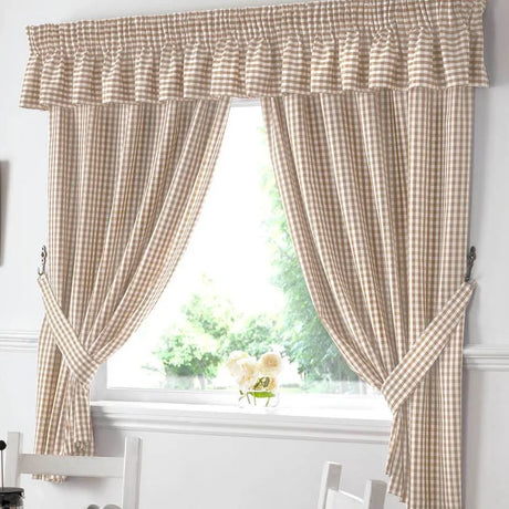 Alan Symonds Gingham Tape Top Pencil Pleat Curtains & Tie Backs in Beige - Image 2