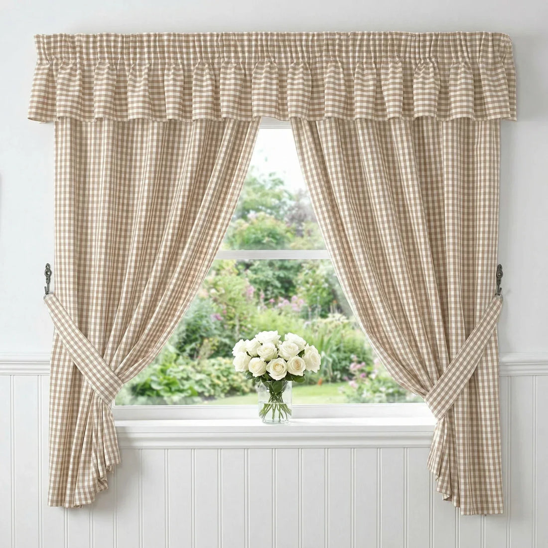 Gingham Pencil Pleat Curtains & Tie Backs Beige