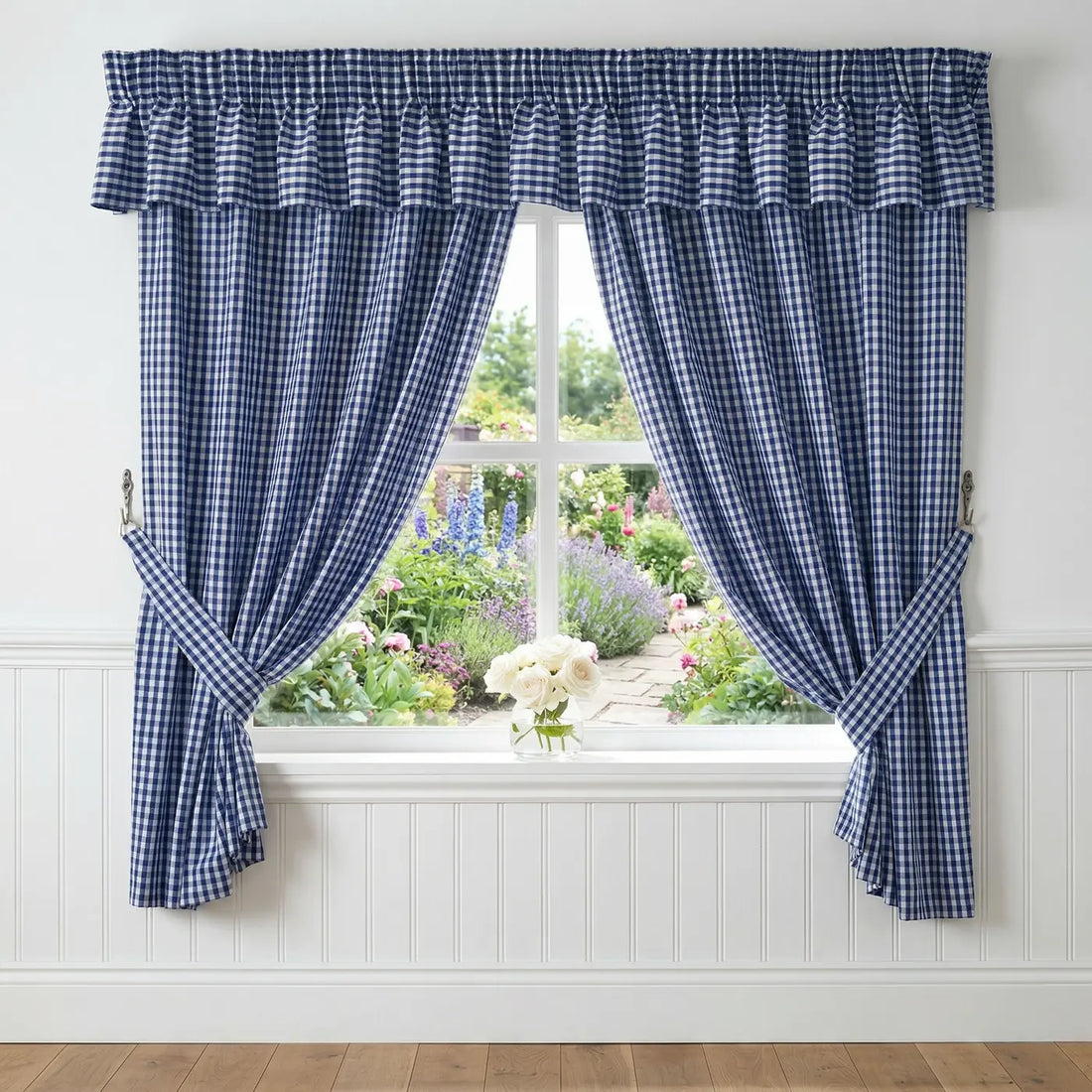 Gingham Pencil Pleat Curtains & Tie Backs Blue