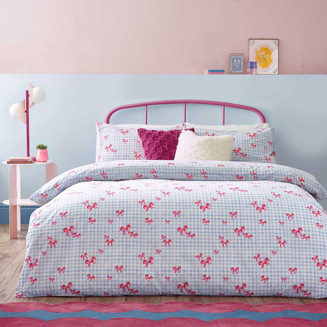 Gingham Bows Blue Duvet Cover Bedding Set