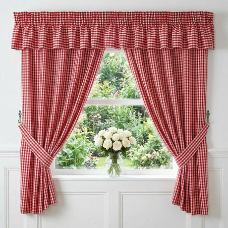 Gingham Tape Top Pencil Pleat Curtains & Tie Backs - Red