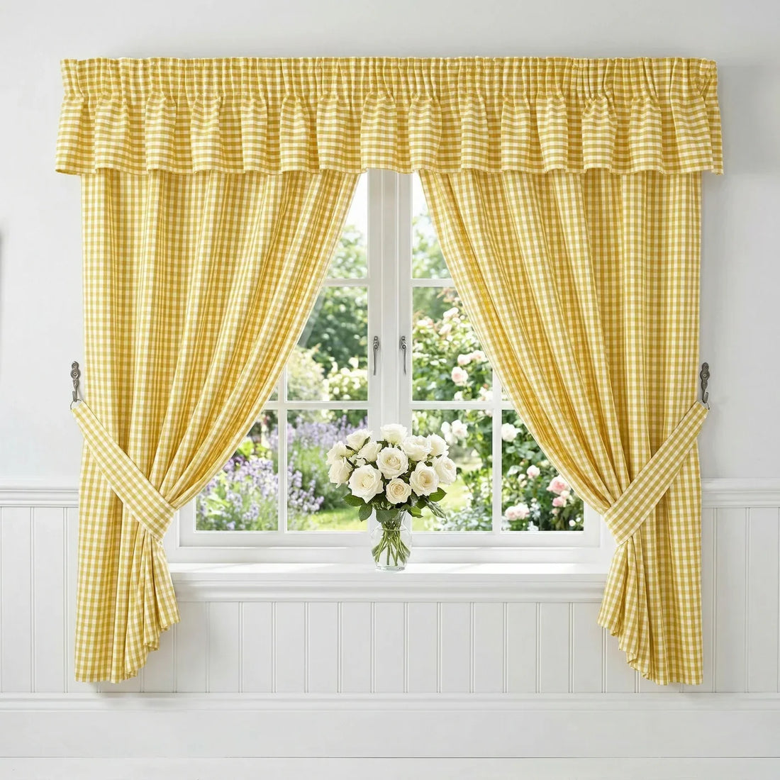 Gingham Pencil Pleat Curtains & Tie Backs Yellow