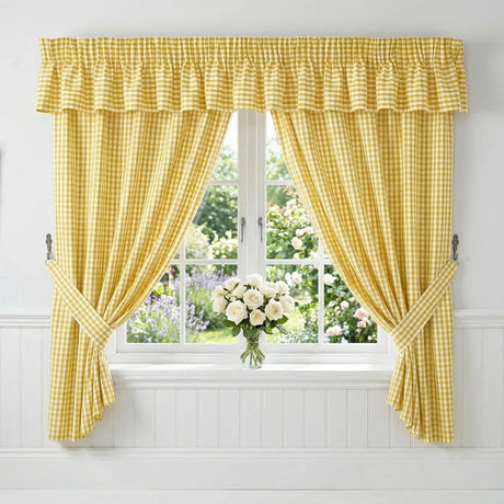 Gingham Tape Top Pencil Pleat Curtains & Tie Backs - Yellow