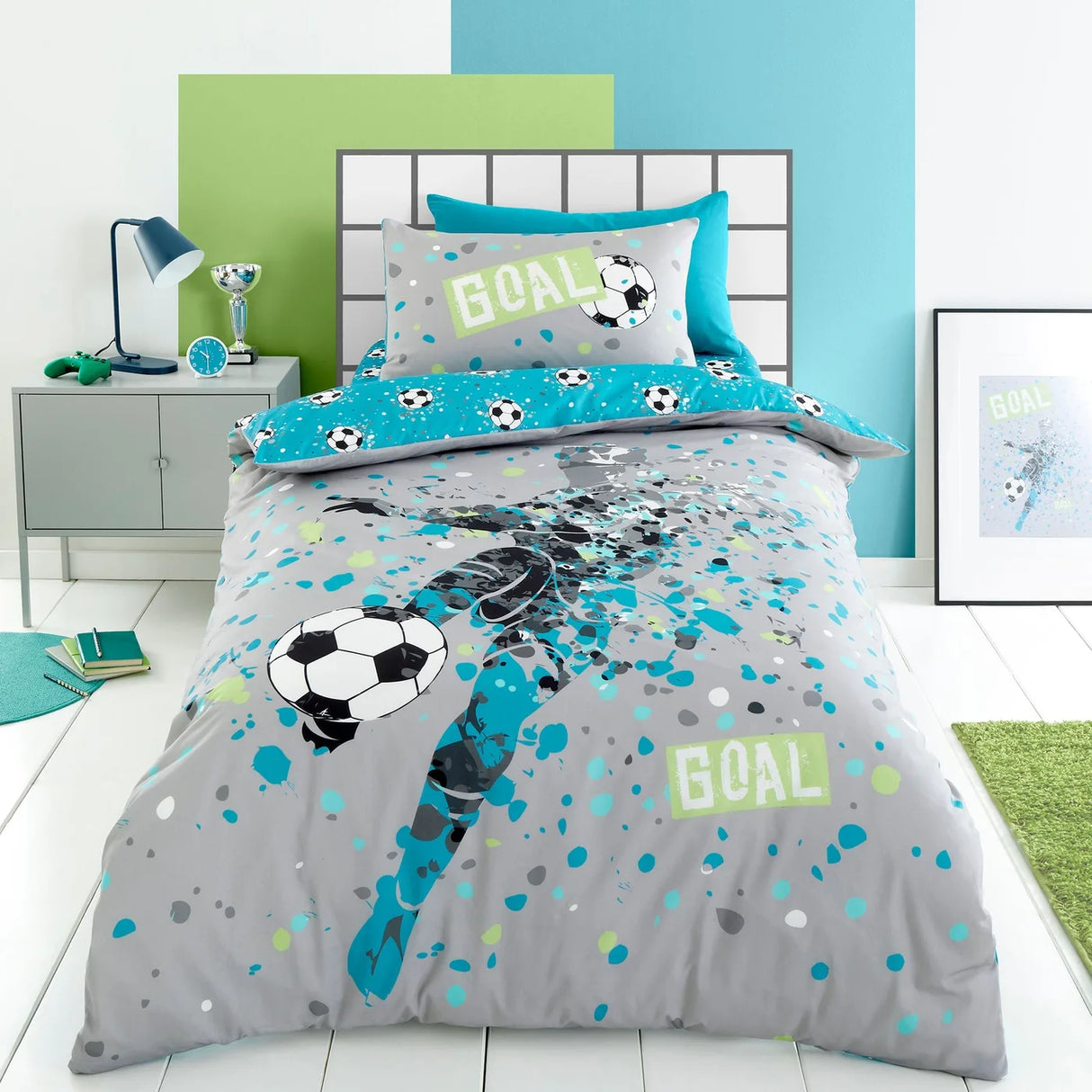 Goal Football Print Gold Duvet Cover Set - Grey