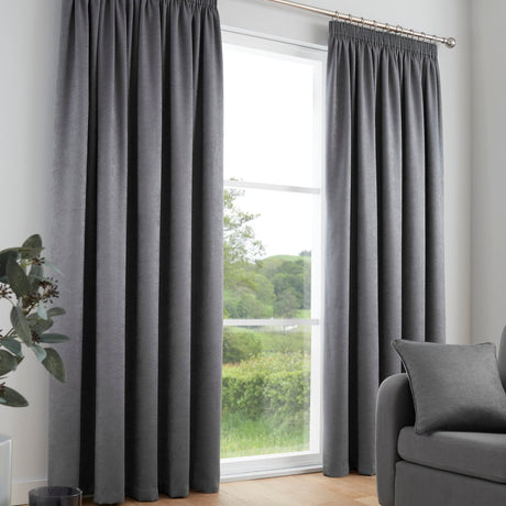 Galaxy Dim Out Woven Thermal Pencil Pleat Curtains - Charcoal Light Filtering