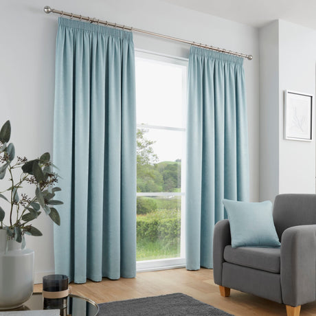 Galaxy Dim Out Woven Thermal Pencil Pleat Curtains - Duck Egg Light Filtering