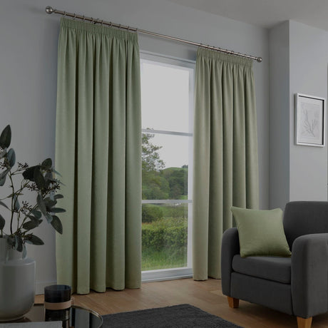 Galaxy Dim Out Woven Thermal Pencil Pleat Curtains - Green Light Filtering - Galaxy Pencil Pleat Curtains In Green 2