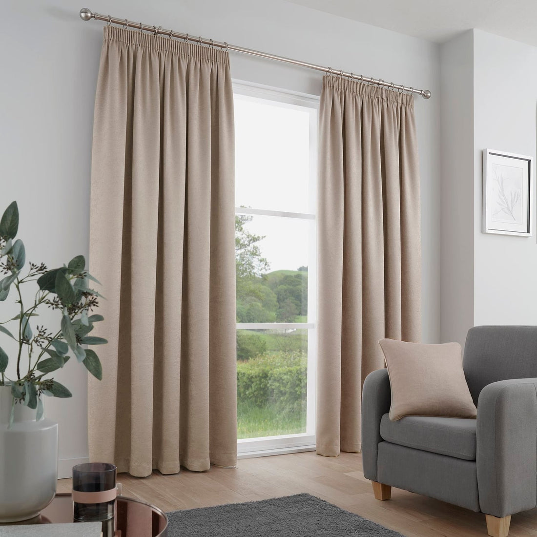 Galaxy Dim Out Woven Natural Thermal Pencil Pleat Curtains