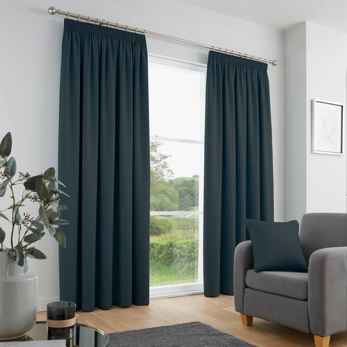 Galaxy Dim Out Woven Thermal Pencil Pleat Curtains - Navy Light Filtering