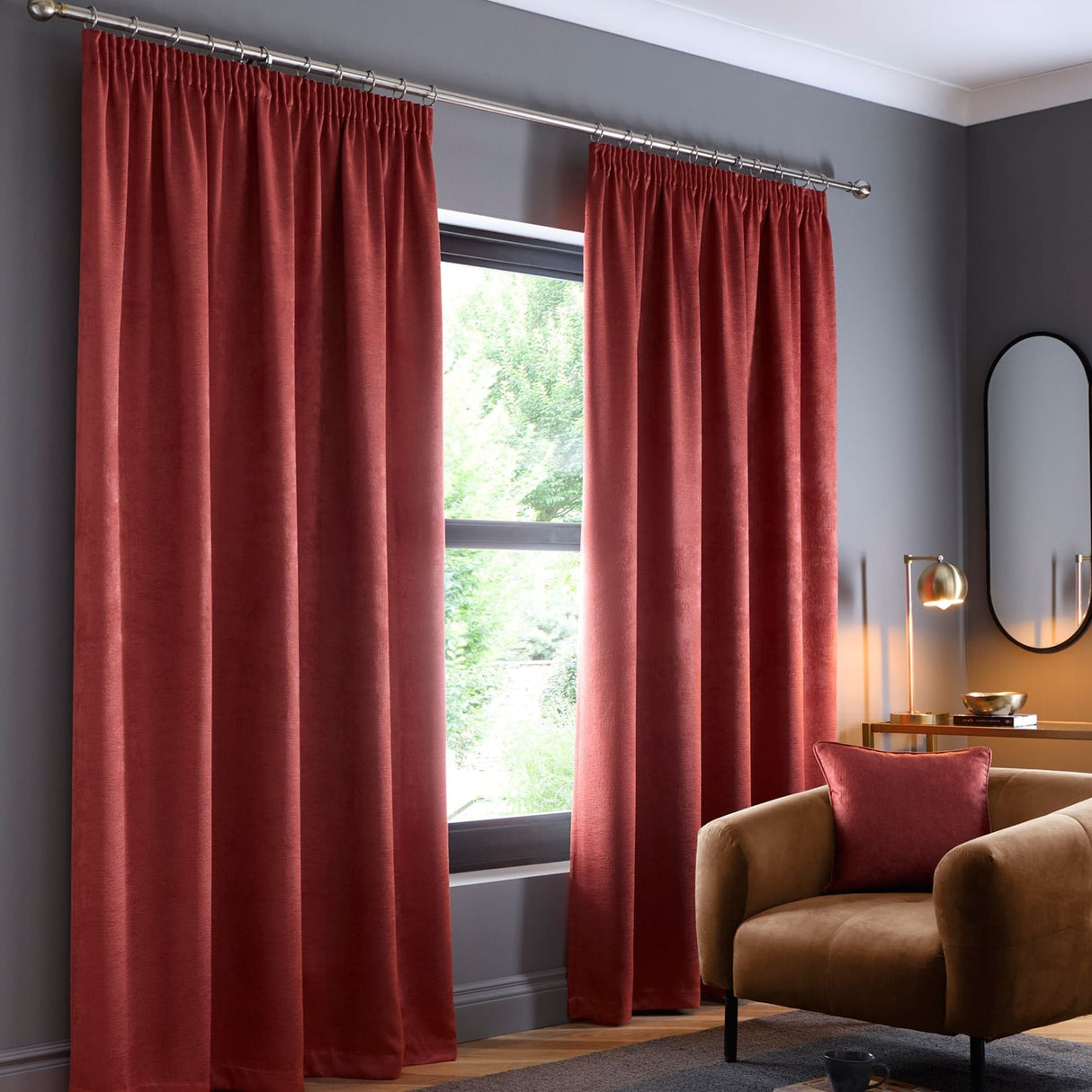 Galaxy Dim Out Woven Thermal Pencil Pleat Curtains - Terracotta Light Filtering