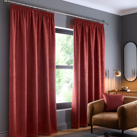 Galaxy Dim Out Woven Thermal Pencil Pleat Curtains - Terracotta Light Filtering