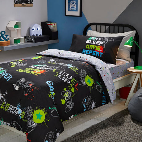 Game 28cm Deep Glow in the Dark Kids Gaming Fitted Sheet - Black - Game 28Cm Deep Fitted Bed Sheet In Black 3