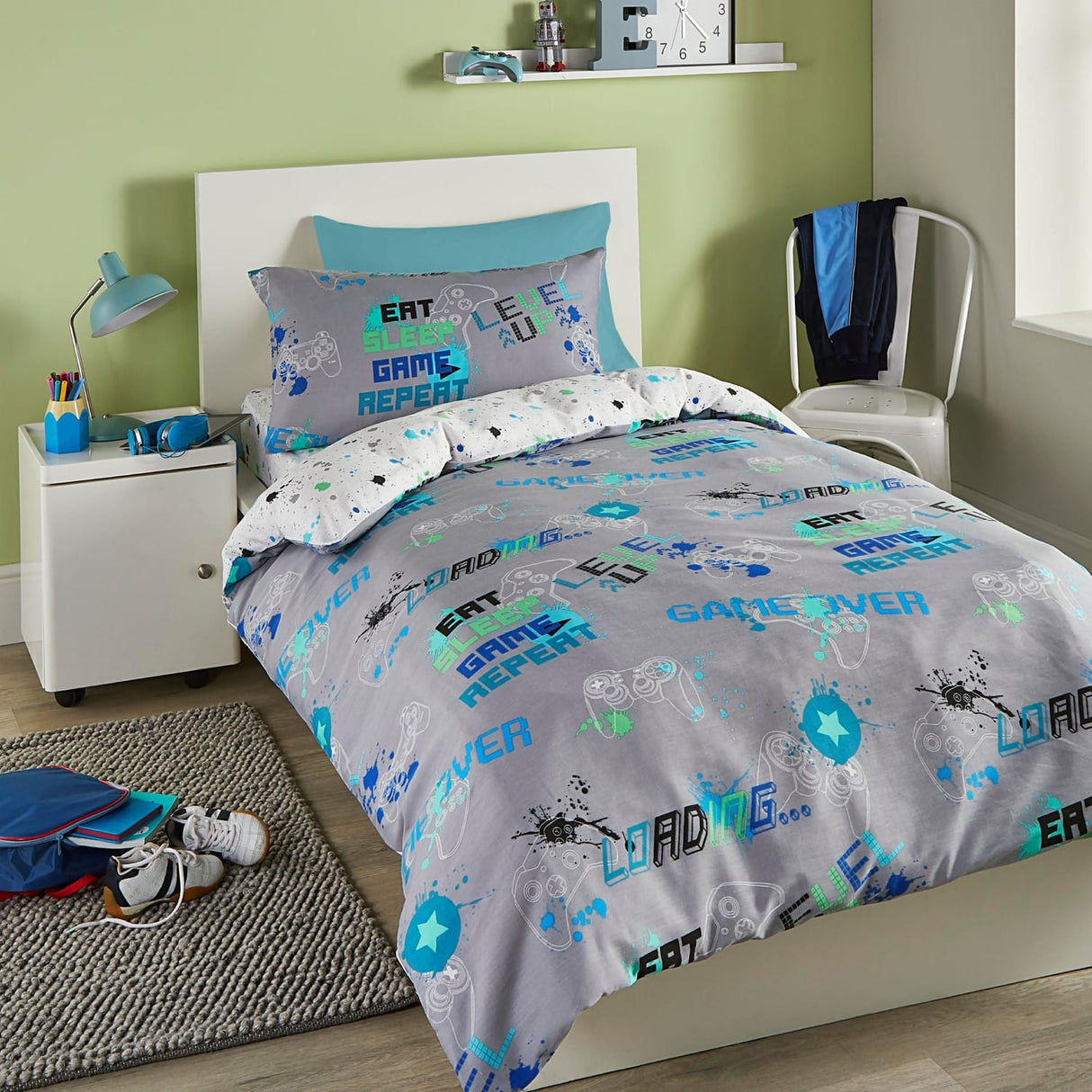Game Glow in the Dark Kids Gaming Duvet Cover Set - Grey