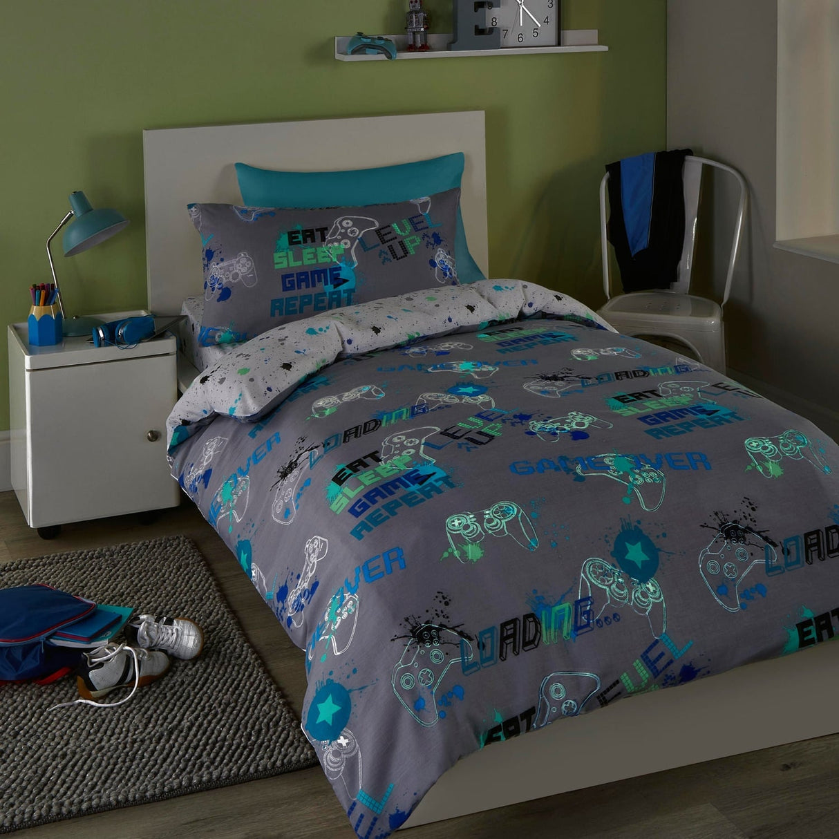 Game Glow in the Dark Kids Gaming Duvet Cover Set - Grey - Game Glow Duvet Cover Set In Grey 2