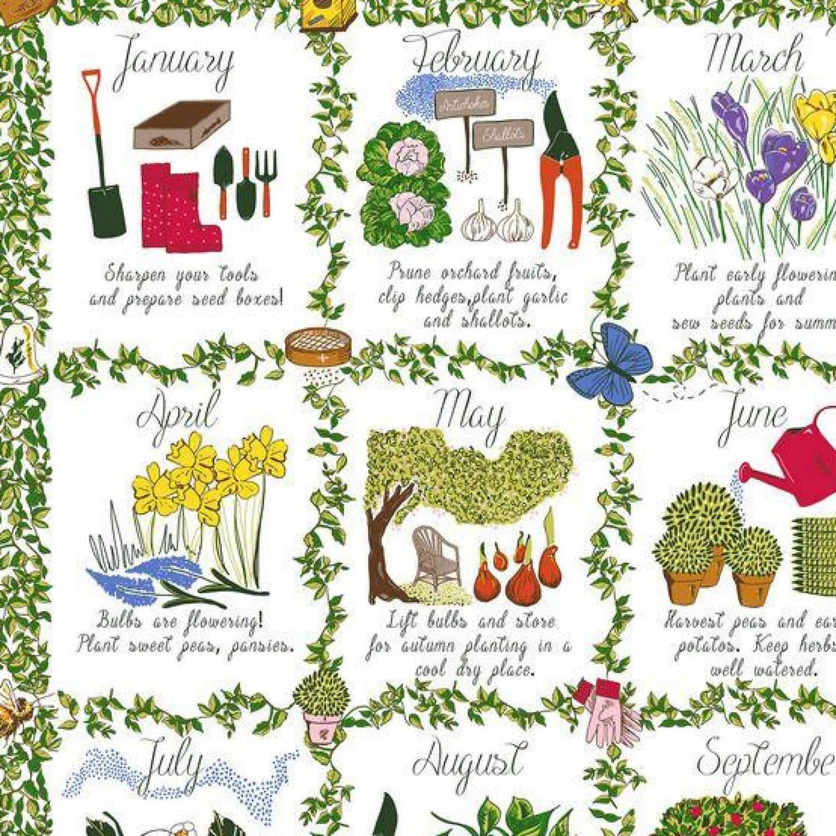 Ulster Weavers Gardeners Calendar 100% Cotton Tea Towel Green - Gardeners Calendar Cotton Tea Towel In Green 2