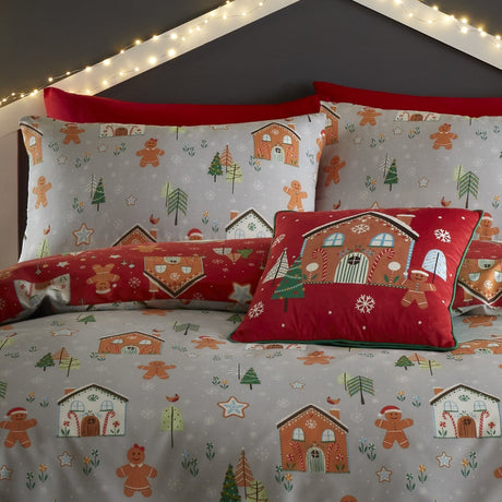 Gingerbread House Christmas Polycotton Duvet Cover Set - Gingerbread House Christmas Duvet Cover Set In Grey 2