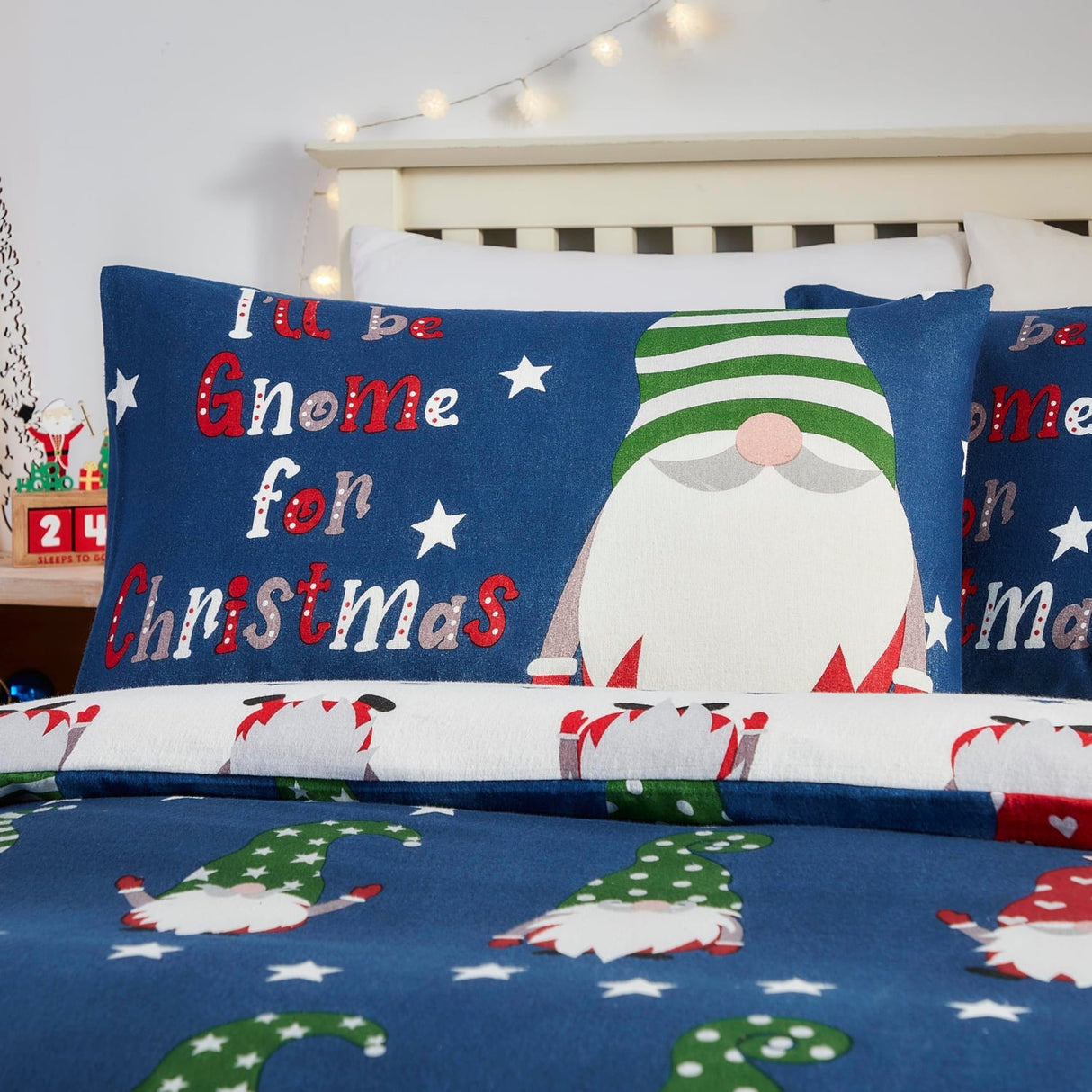 Gnome for Christmas Festive Polycotton Duvet Cover Set - Gnome For Christmas Duvet Cover Set In Navy 2