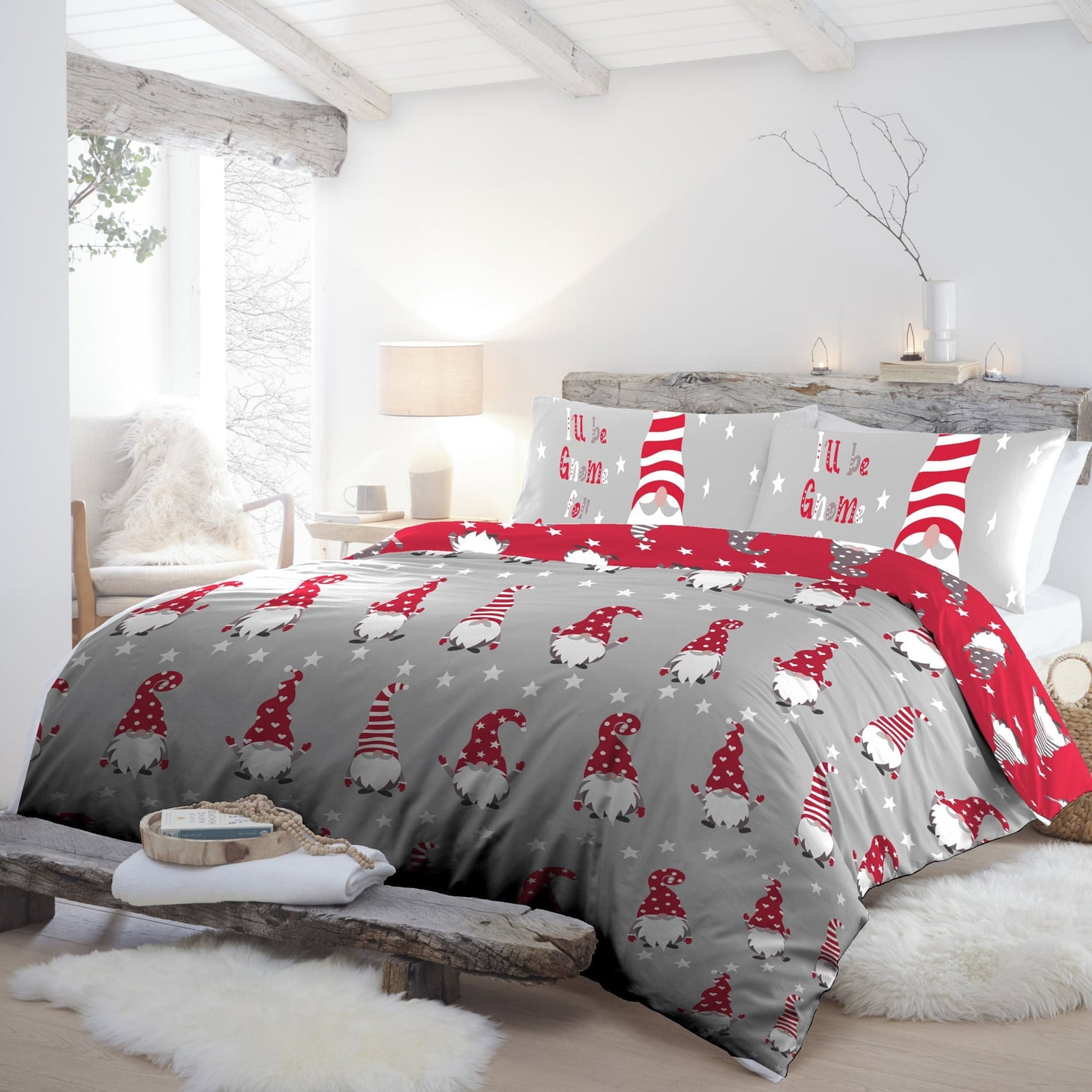 Gnome for Christmas Festive Polycotton Duvet Cover Set - Gnome For Christmas Duvet Cover Set In Silver 2