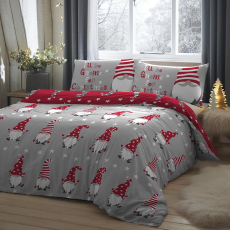 Gnome for Christmas Festive Polycotton Duvet Cover Set - Gnome For Christmas Duvet Cover Set In Silver 3