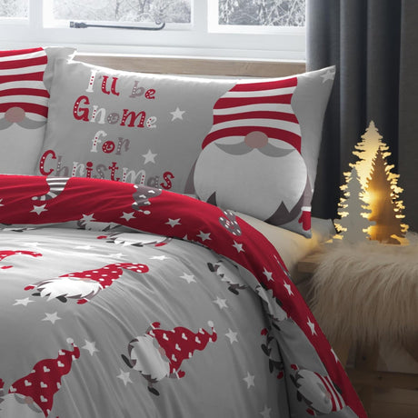 Gnome for Christmas Festive Polycotton Duvet Cover Set - Gnome For Christmas Duvet Cover Set In Silver 4
