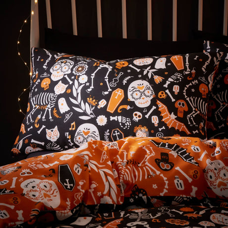 Day of the Dead Polycotton Halloween Duvet Cover Set - Halloween Day Of The Dead Duvet Cover Set In Black Orange 2
