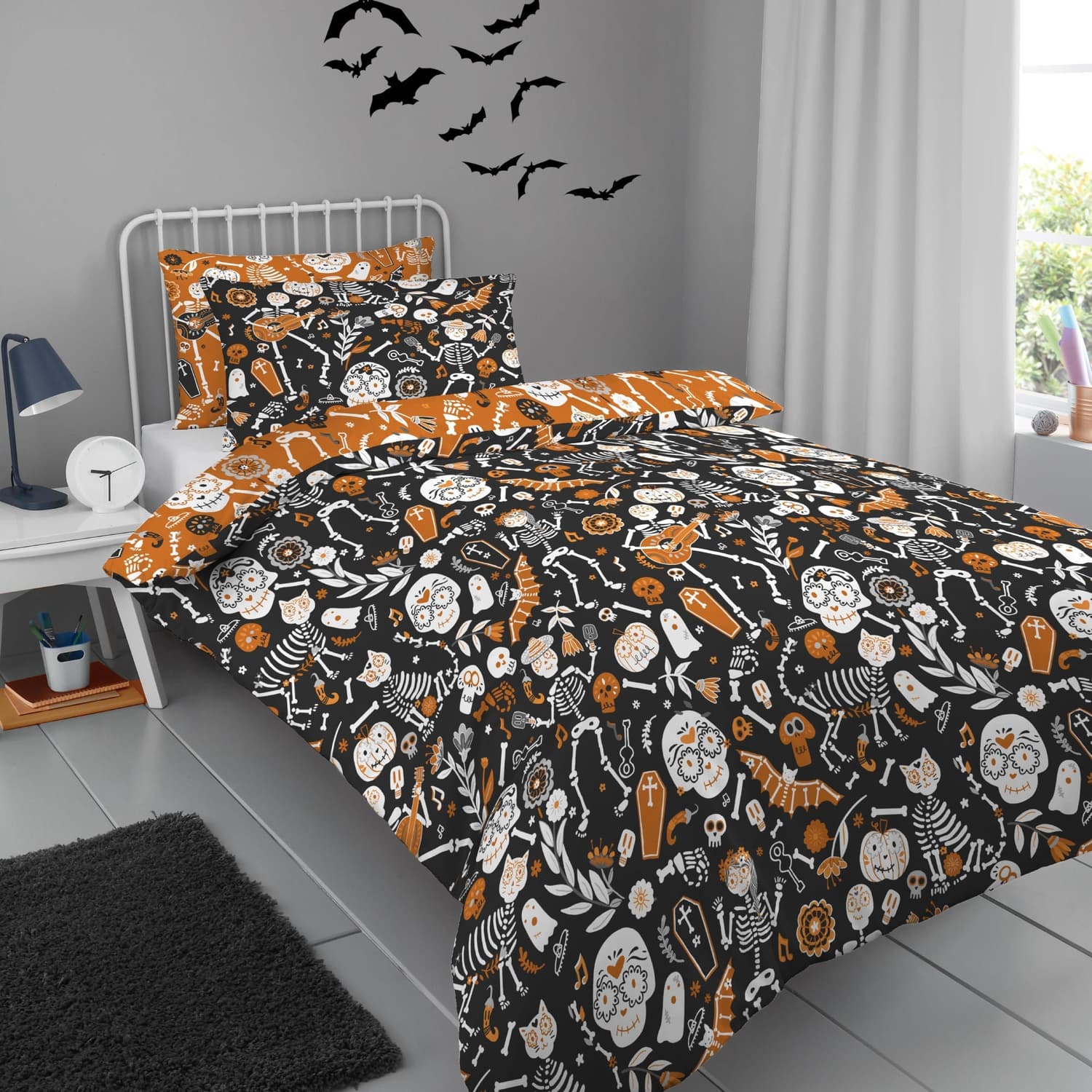 Day of the Dead Polycotton Halloween Duvet Cover Set - Halloween Day Of The Dead Duvet Cover Set In Black Orange 5