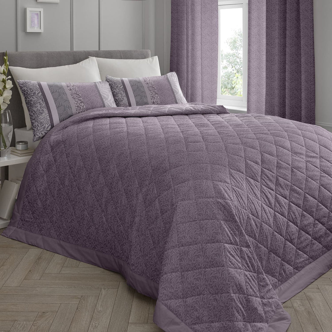 Hanworth Floral Leaf Bedspread Heather 229 x 195cm