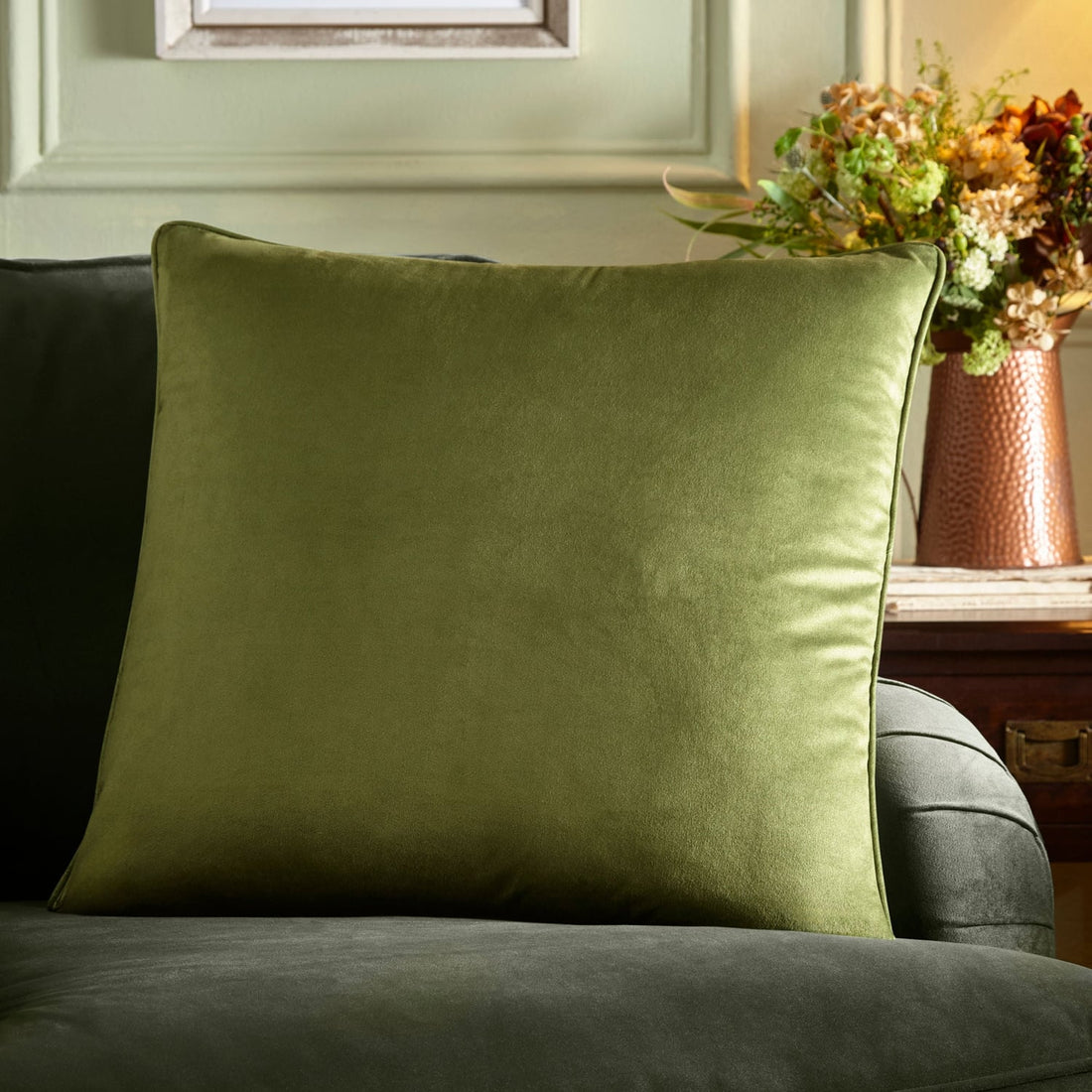 Harlan Velvet Olive Filled Cushion Large Square 55cm x 55cm