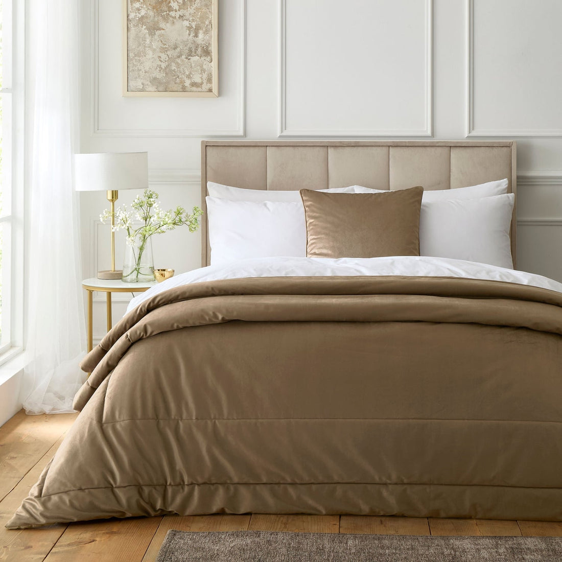 Harlan Cream Plain Velvet Taupe Filled Cushion