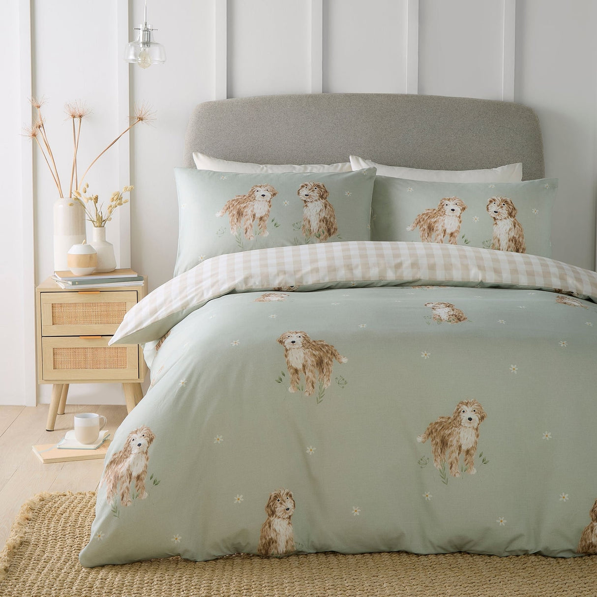 Hattie Cockapoo Dog Print Microfibre Duvet Cover Set - Green