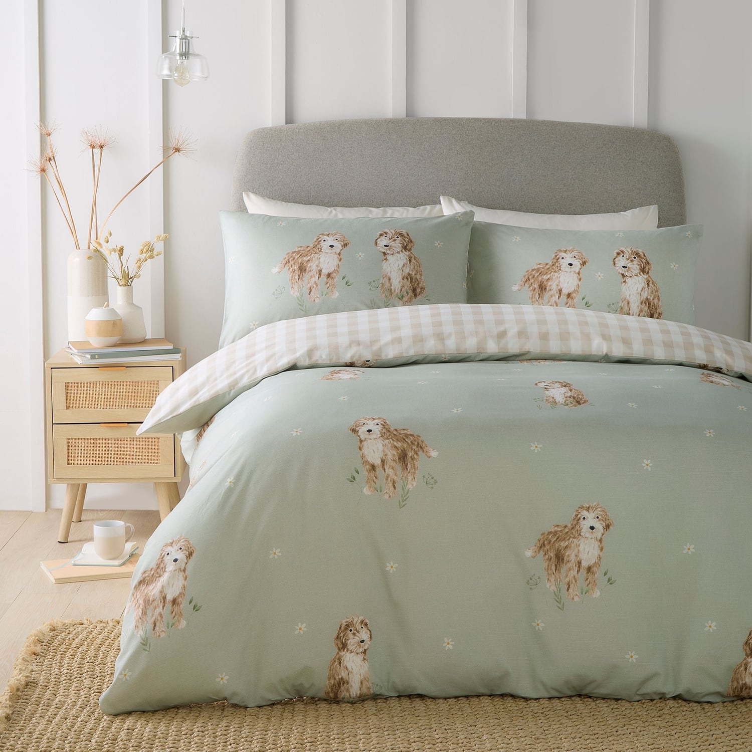 Hattie Cockapoo Dog Print Microfibre Duvet Cover Set - Green