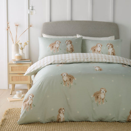 Hattie Cockapoo Dog Print Microfibre Duvet Cover Set - Green