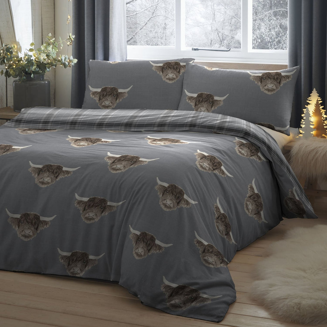 Highland Cow Grey Duvet Cover Bedding Set