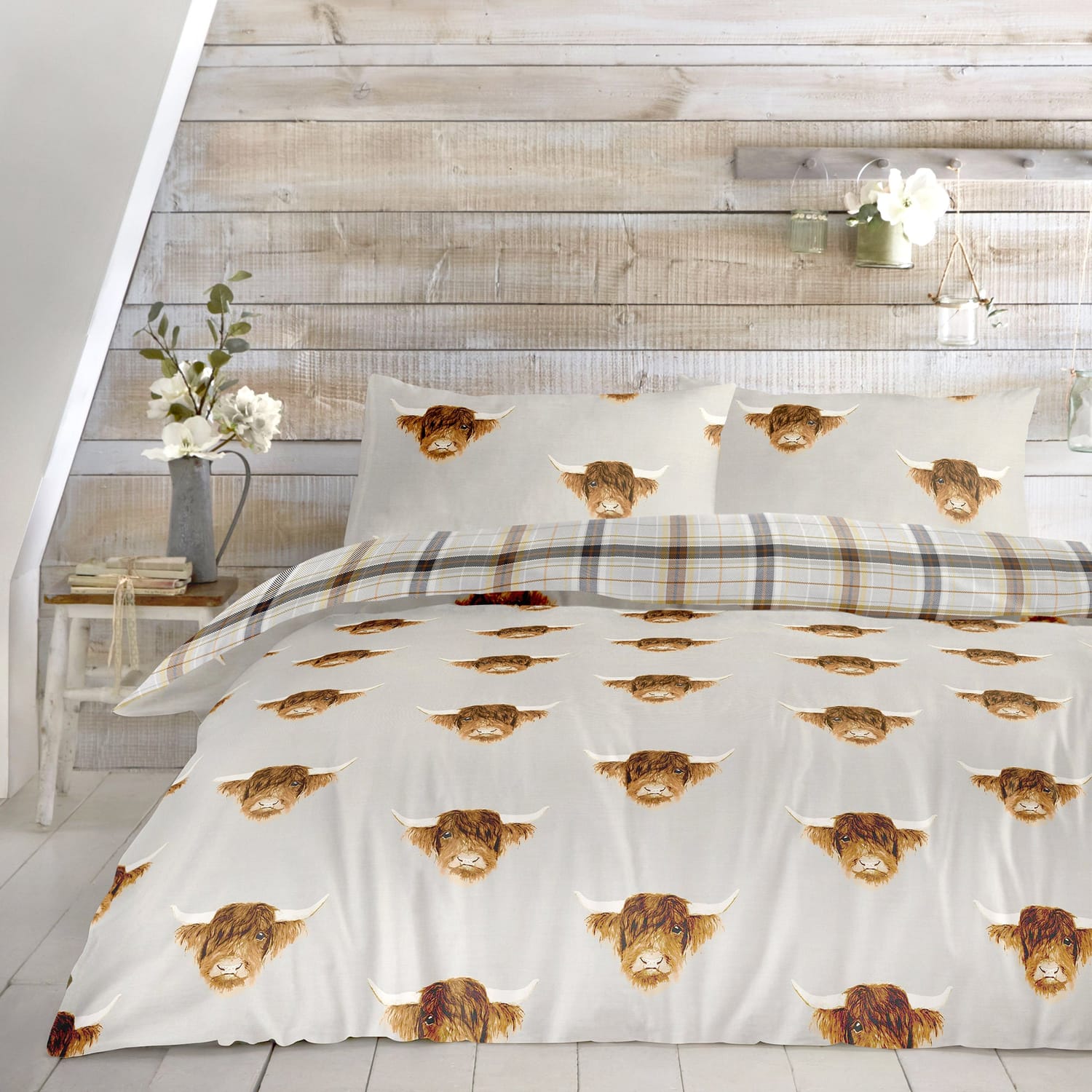 Highland Cow Polycotton Duvet Cover Set - Natural