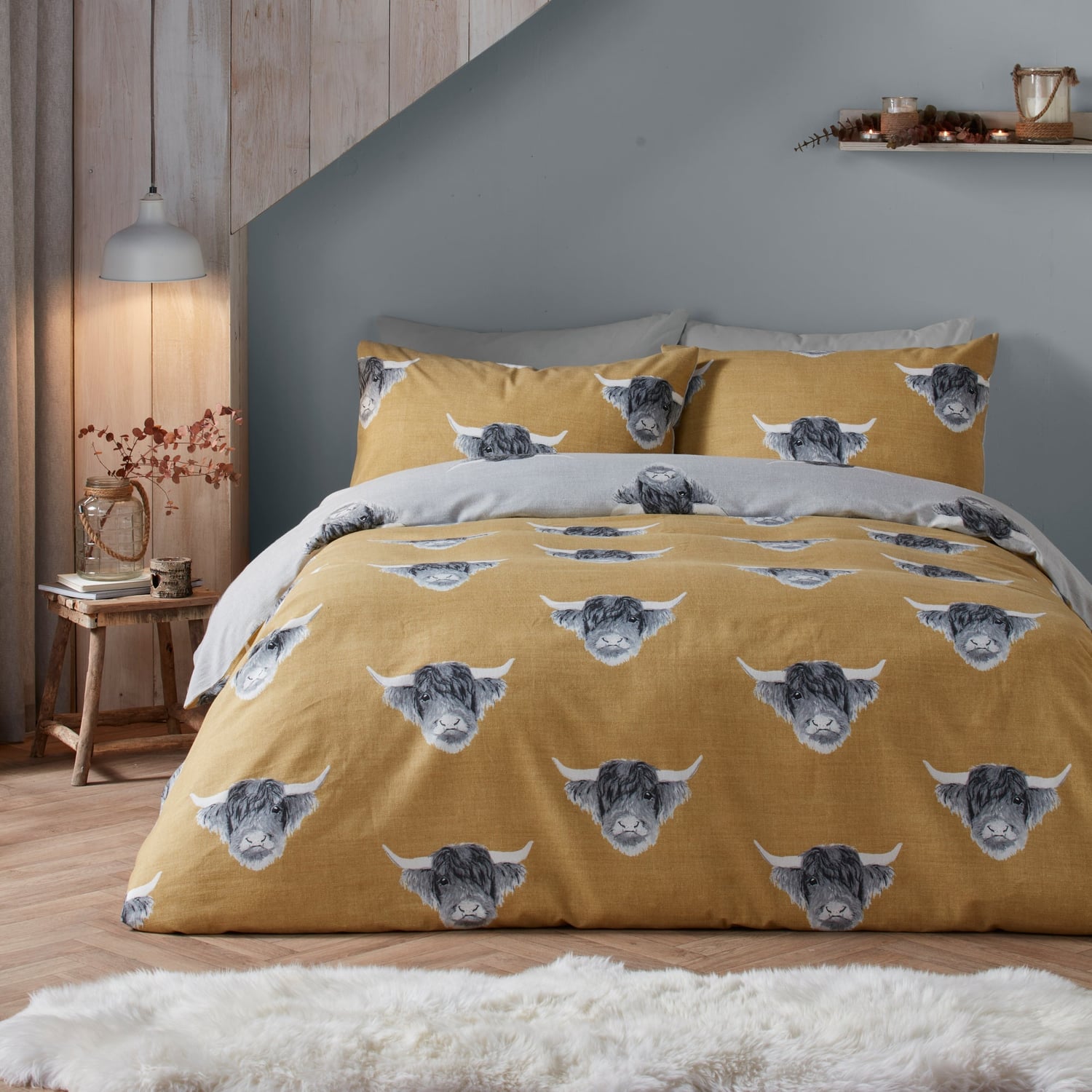 Highland Cow Polycotton Duvet Cover Set - Ochre