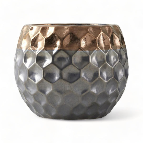 Honeycomb Hexagon Porcelain Plant Pot - Copper/Silver 14cm