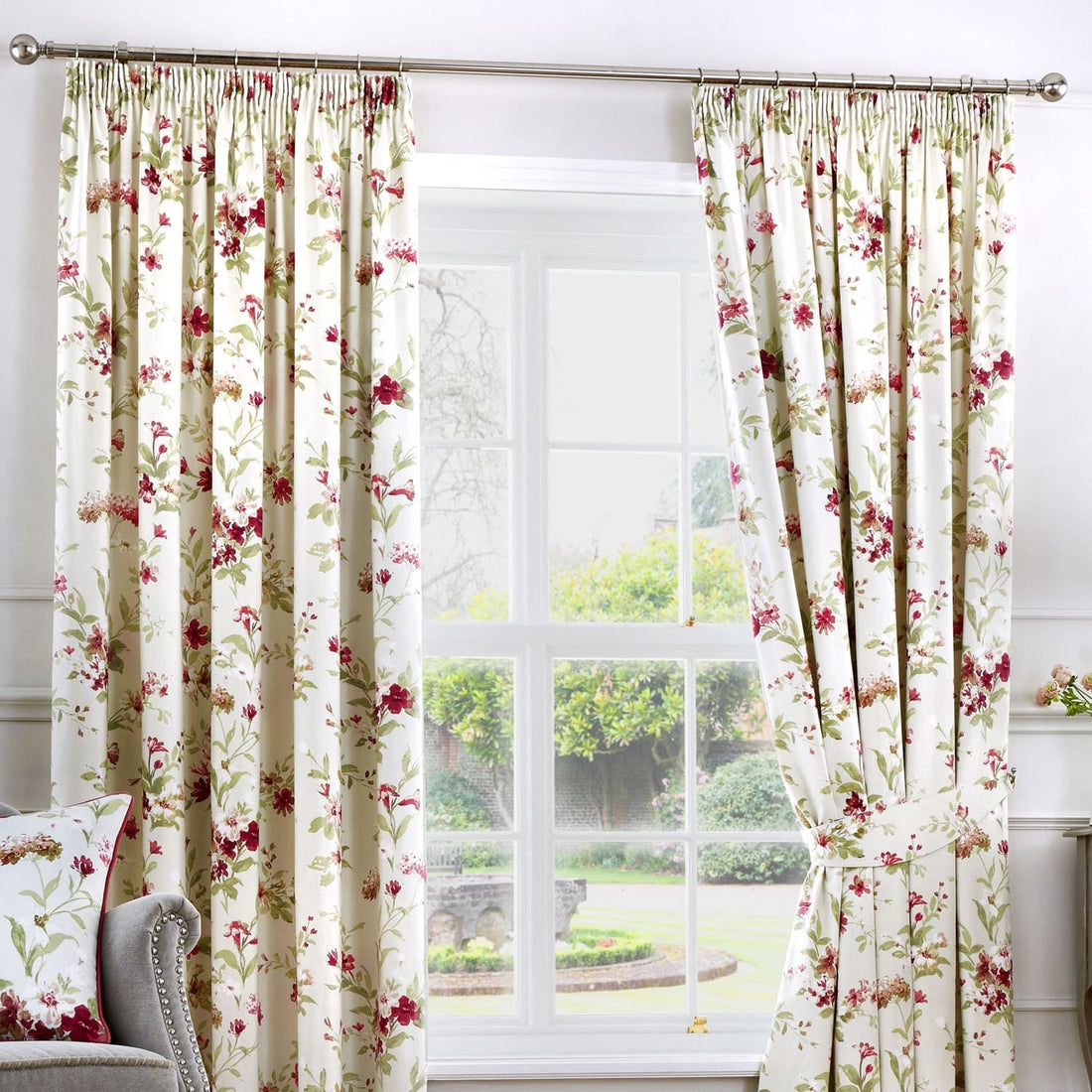 Jeannie Floral 100% Cotton Pencil Pleat Tape Top Curtains