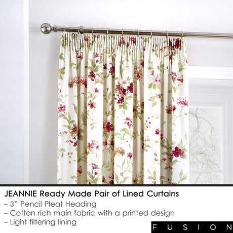 Jeannie Floral Pencil Pleat Tape Top Curtains Light Filtering - Jeannie Pencil Pleat Curtains In Red 3