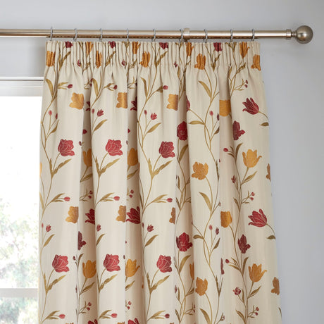 Juliette Floral Pencil Pleat Curtains Natural & Red Light Filtering Jacquard