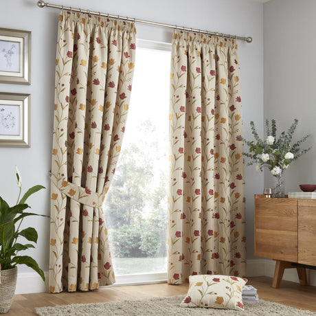 Juliette Floral Pencil Pleat Curtains Natural & Red Light Filtering Jacquard - Juliette Pencil Pleat Curtains In Natural Red 2