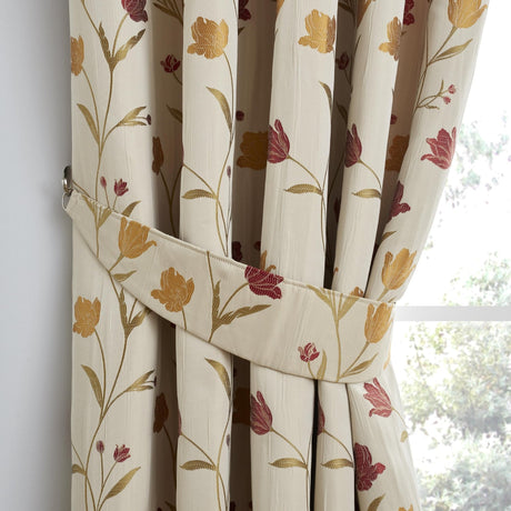 Juliette Floral Pencil Pleat Curtains Natural & Red Light Filtering Jacquard - Juliette Pencil Pleat Curtains In Natural Red 3