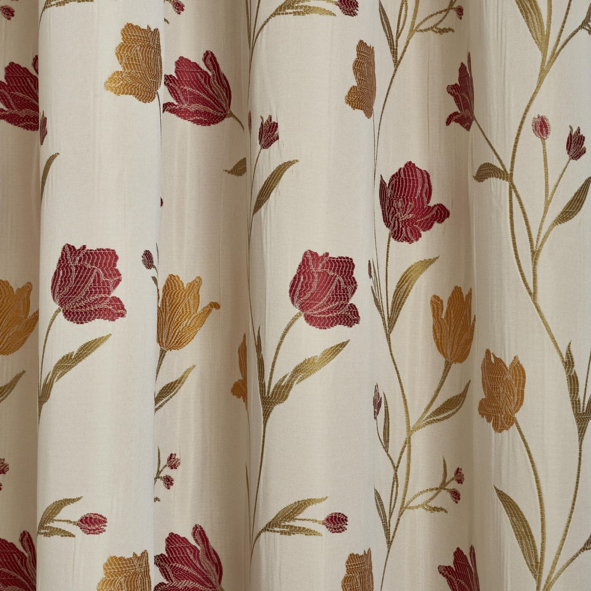 Juliette Floral Pencil Pleat Curtains Natural & Red Light Filtering Jacquard - Juliette Pencil Pleat Curtains In Natural Red 4