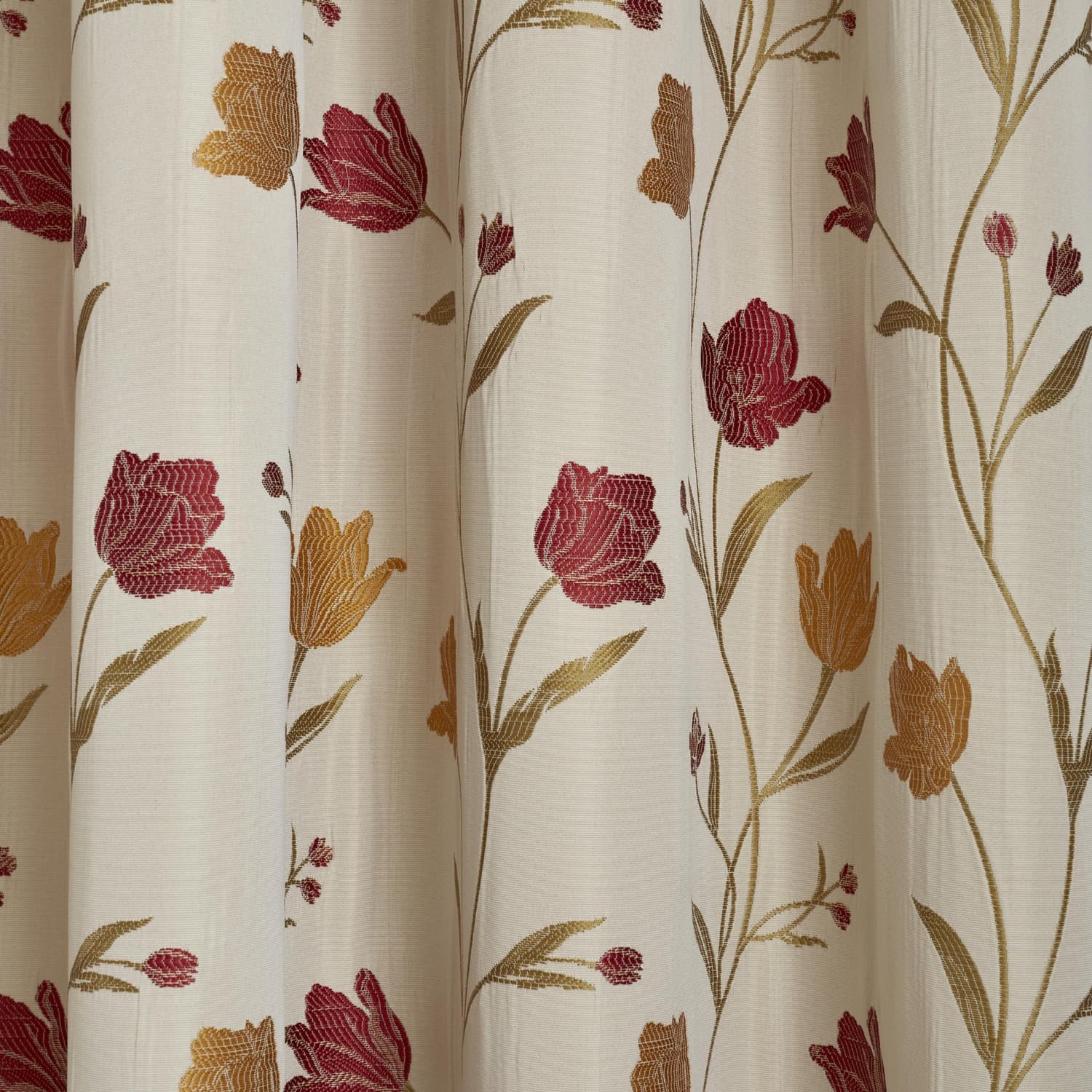Juliette Floral Pencil Pleat Curtains Natural & Red Light Filtering Jacquard - Juliette Pencil Pleat Curtains In Natural Red 4