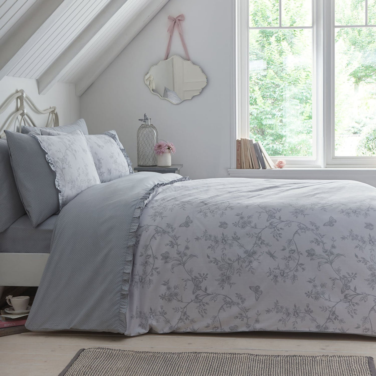 Kristen Floral Frill Grey Polycotton Duvet Cover Set
