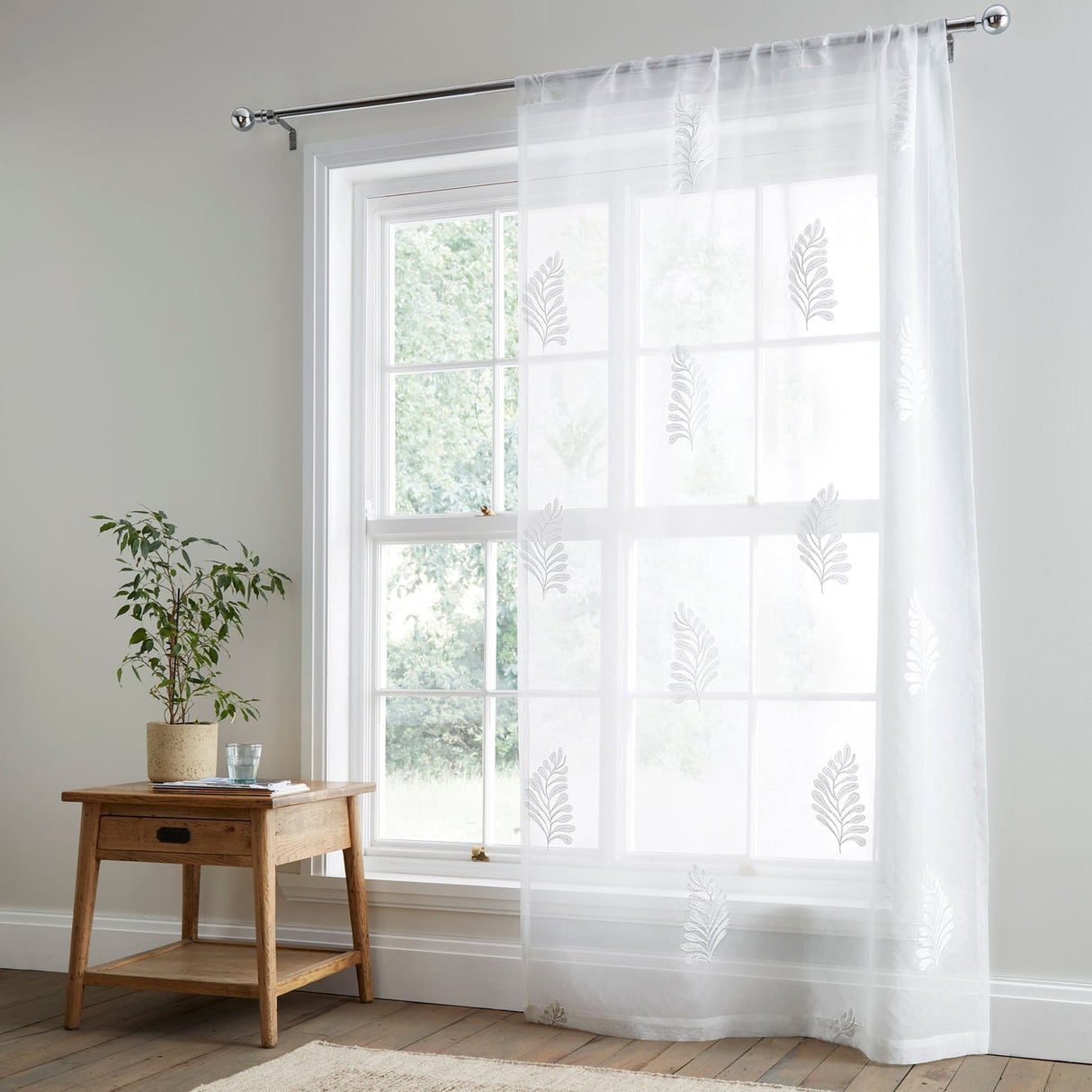 Leaf Embroidery White Recycled Voile Curtain Panel Printed