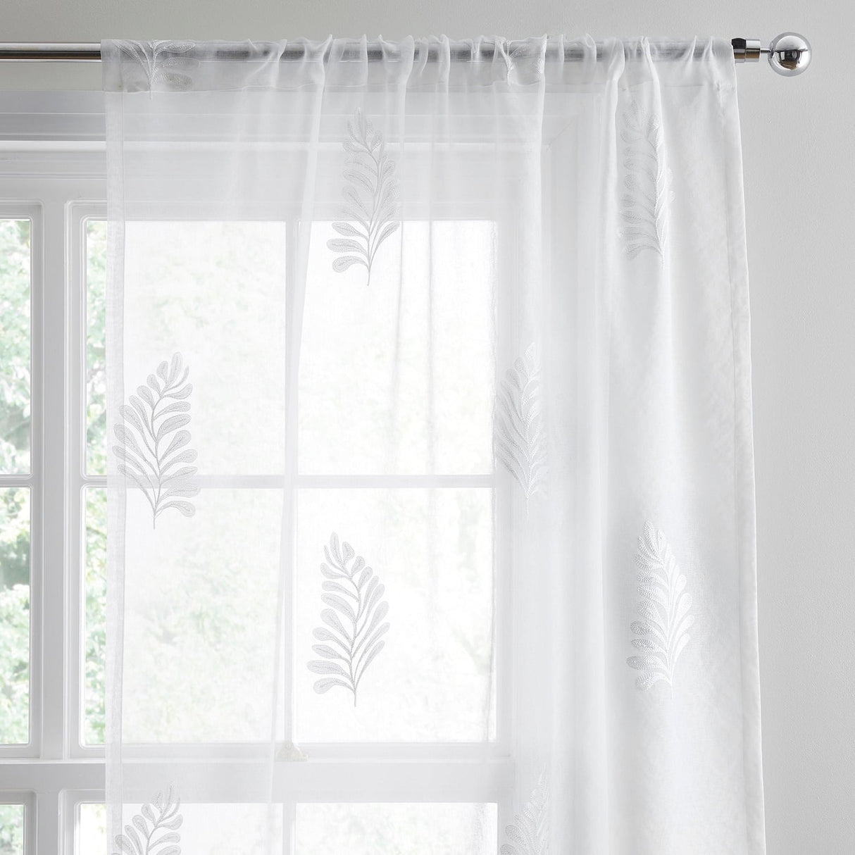 Leaf Embroidery White Recycled Voile Curtain Panel Printed - Leaf Embroidery Voile Panel In White 2