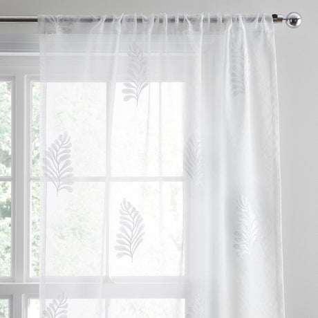 Leaf Embroidery White Recycled Voile Curtain Panel Printed - Leaf Embroidery Voile Panel In White 2