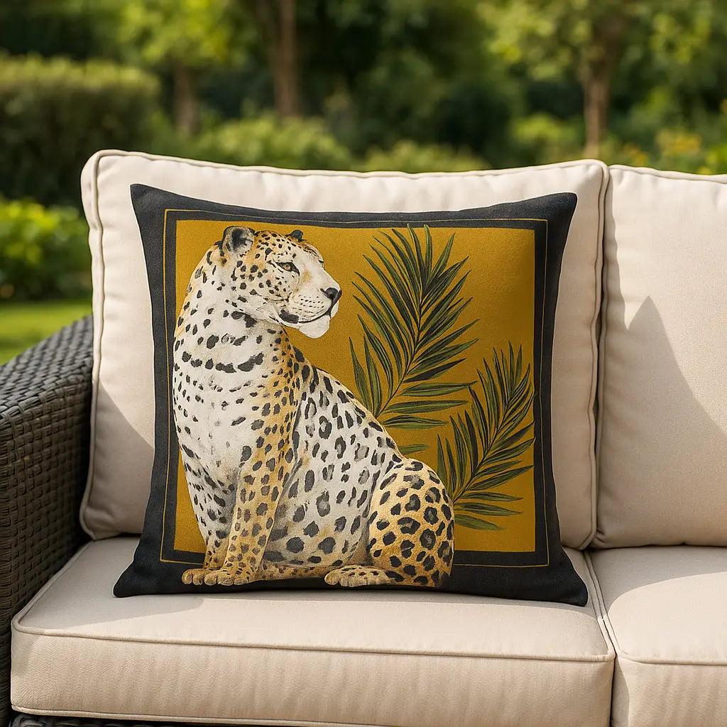 Leopardis Cat Outdoor Black + Gold Cushion Cover or Filled Cushion 50cm x 50cm