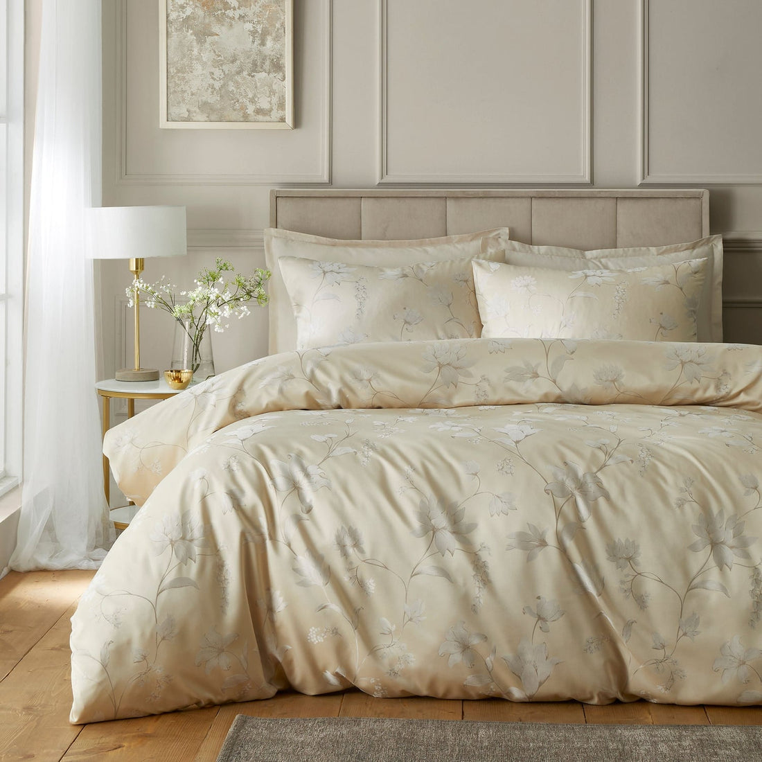 Lilly Floral Jacquard Champagne Duvet Cover Set